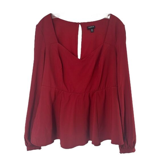 Torrid Peplum Blouse Solid Red V Neck Long Sleeve Valentines Torrid 00 US M/L 10 - Picture 1 of 7